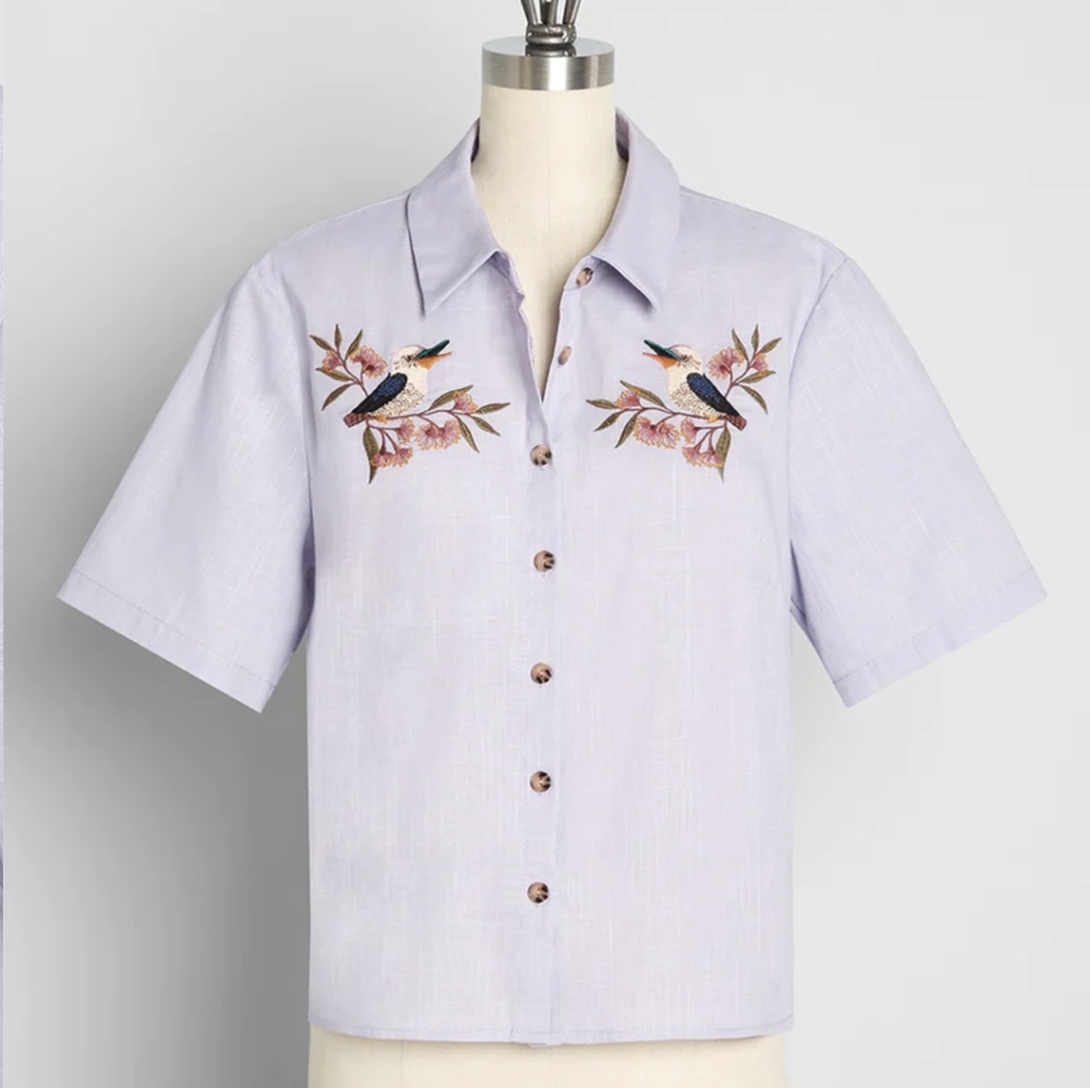 Modcloth Greet With A Tweet Embroidered Button-Up Top